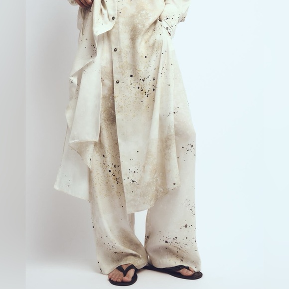 NWT Zara Printed Wide Leg Pants Ecru - Picture 1 of 5